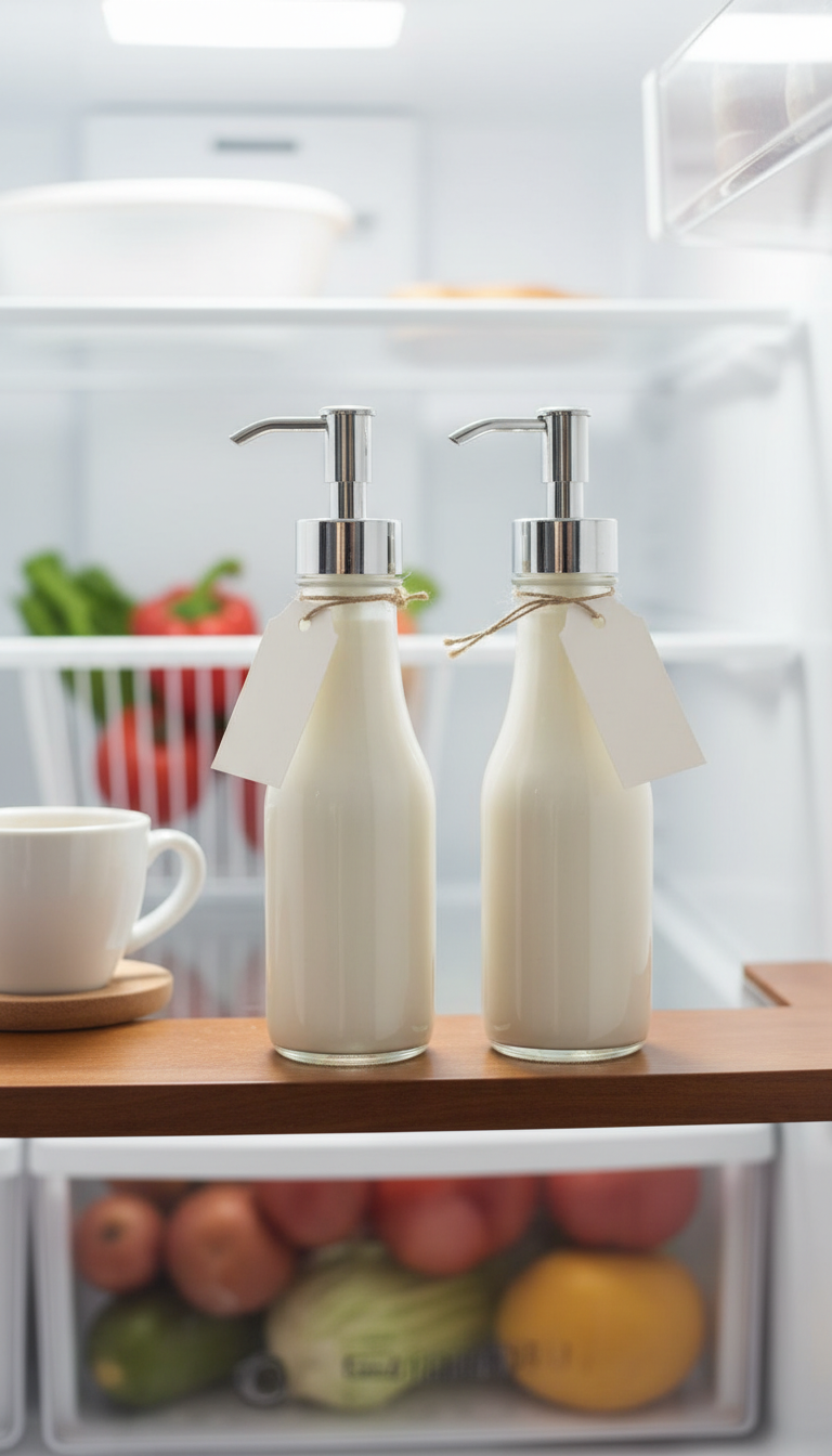 Homemade White Mocha Coffee Syrup: Starbucks Copycat Recipe 13 Two elegant glass bottles with pumps, filled with creamy white mocha syrup, stored neatly on a kitchen shelf.