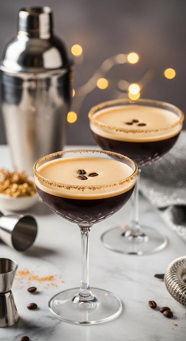 Two elegant holiday espresso martinis with crema, coffee beans, and gold dust on marble, with a silver shaker.
