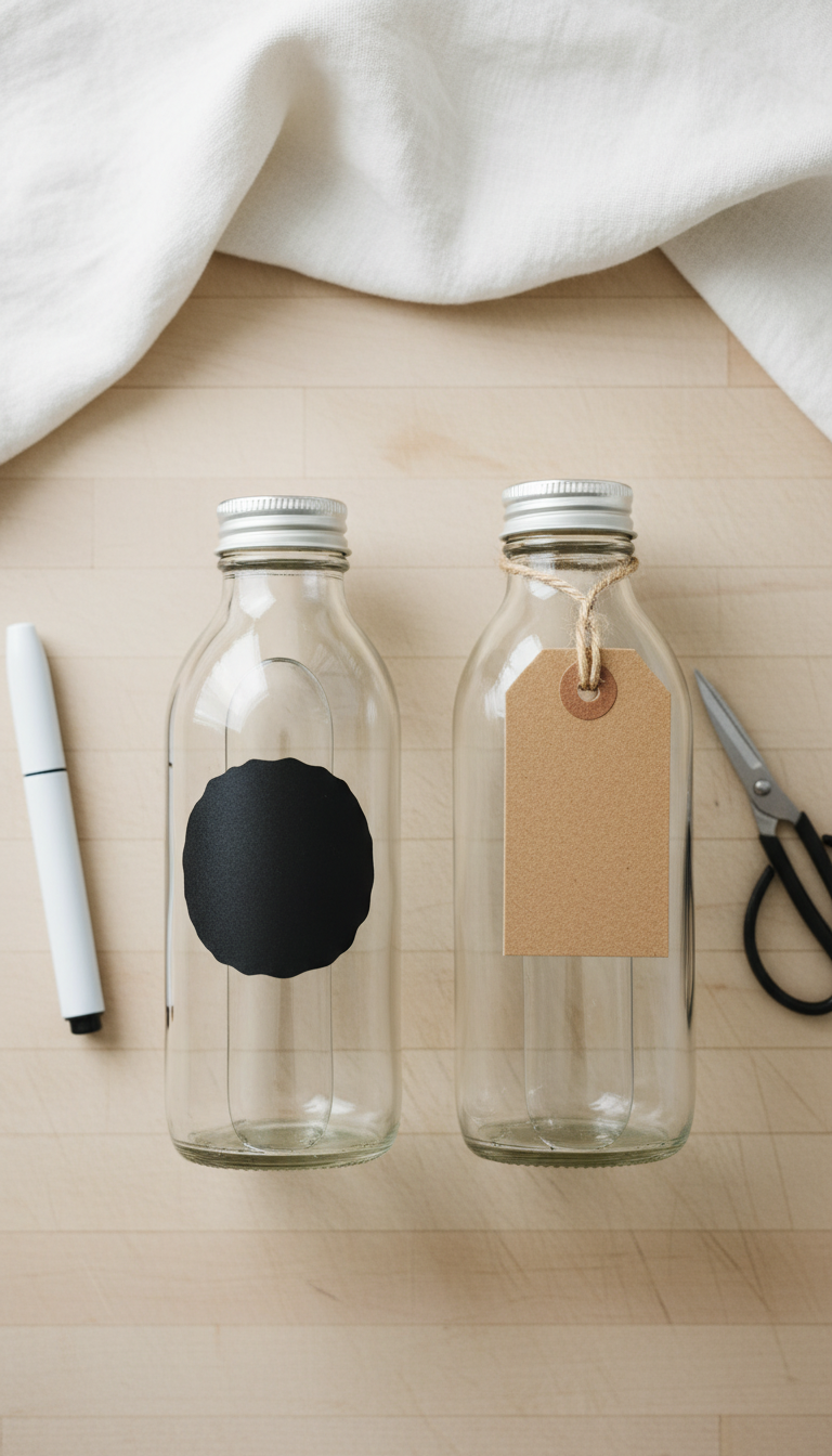 Two elegantly labeled homemade coffee syrup bottles with black vinyl and kraft paper tags on a butcher block counter.