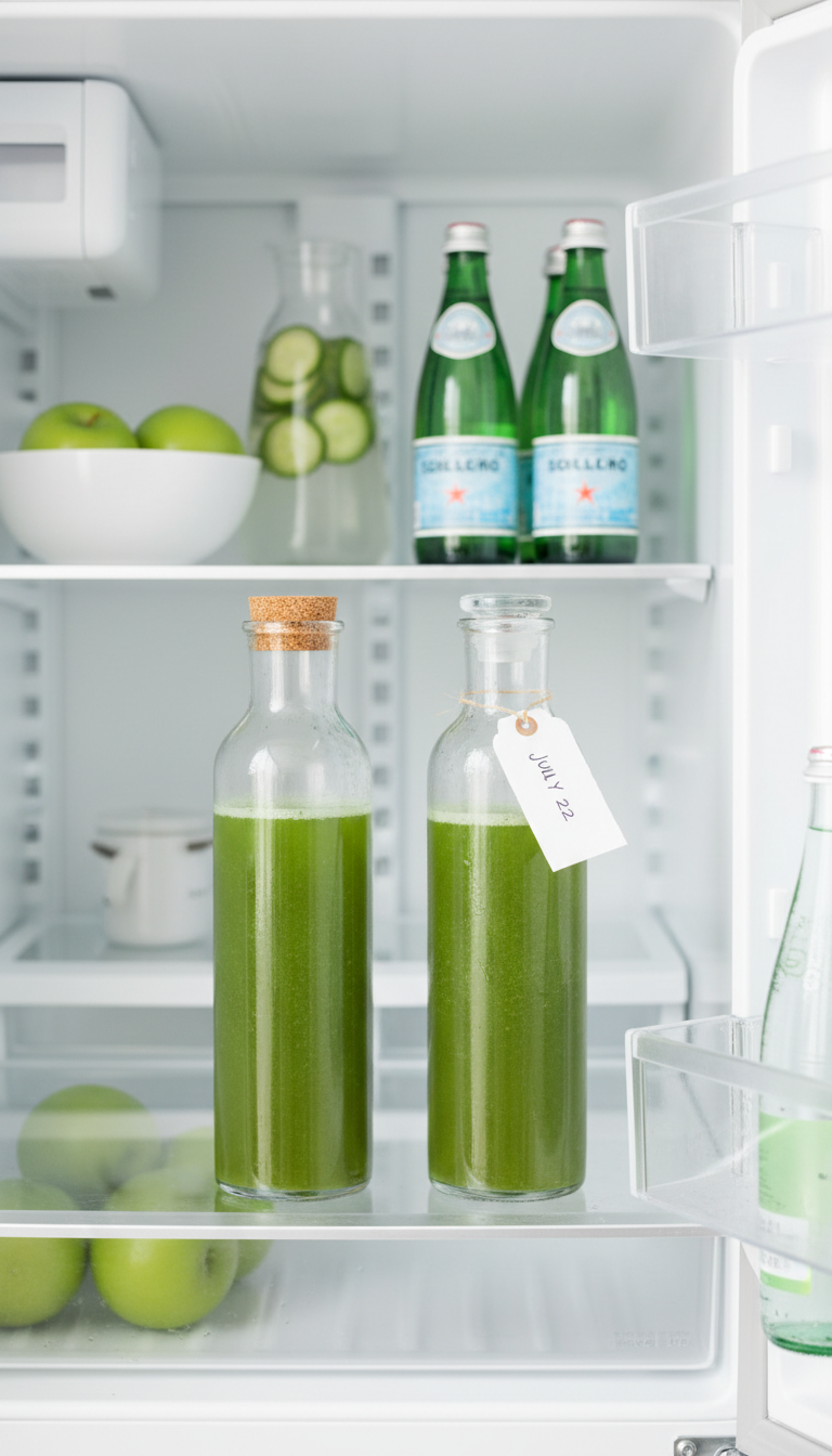 Two glass containers of vibrant green pistachio syrup with corks, stored on a clean refrigerator shelf with fruits. Homemade.