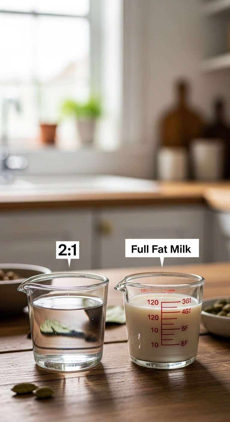 Master Masala Chai Perfect Ratios and Traditional Method 3 Two glass measuring cups on a rustic wooden table: one with clear water, one with creamy milk for a 2:1 ratio, cardamom nearby.