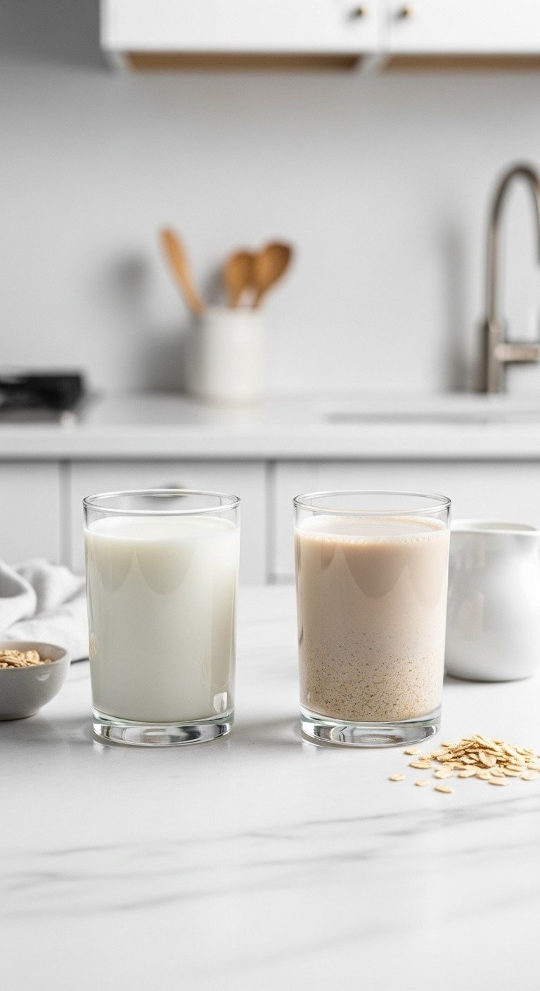 Cozy Chai Tea Latte Recipe That Tastes Better Than A Cafe 7 Two glasses side-by-side on a marble counter, comparing the color and texture of whole dairy milk and creamy barista oat milk.