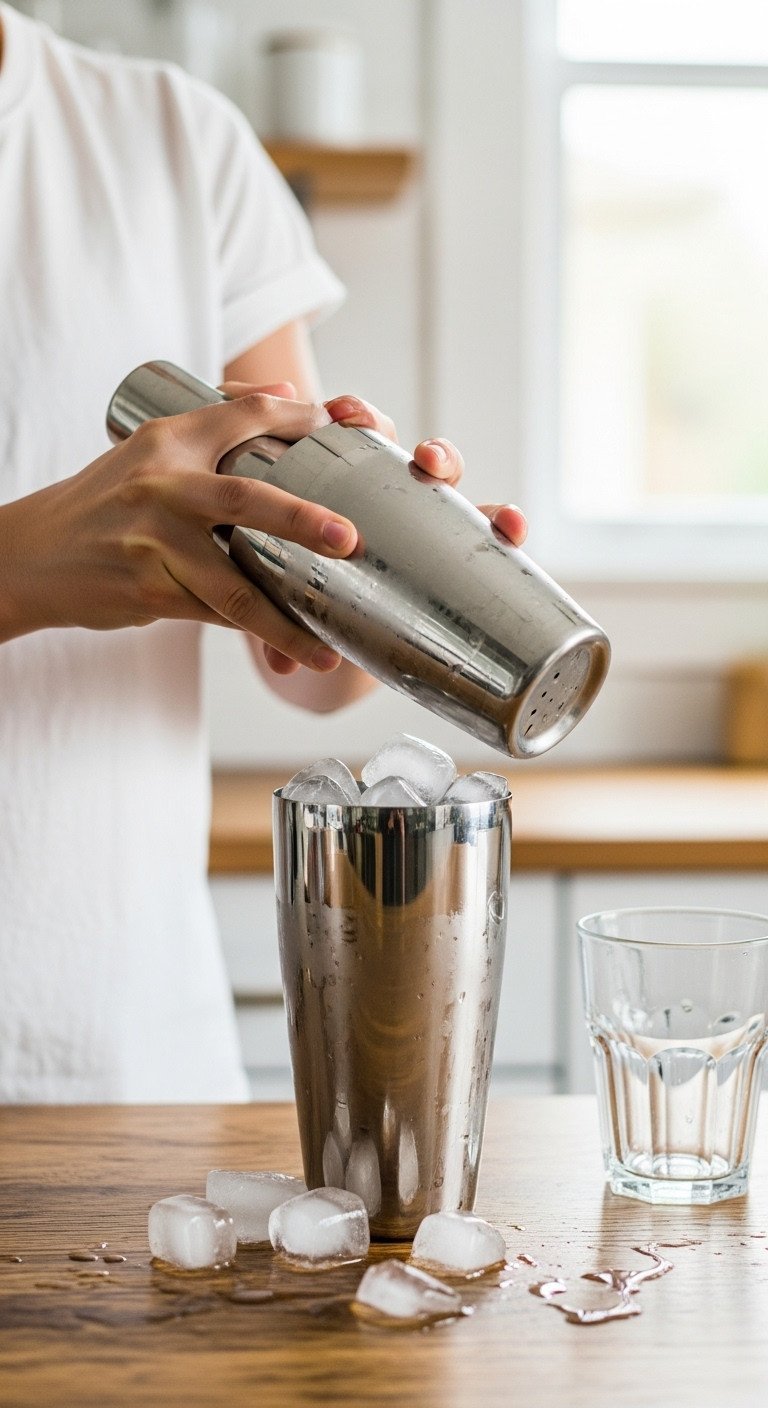 The Genius Brown Sugar Latte Recipe Iced Shaken And Hot Steamed 13 Two hands vigorously shaking a frosty stainless steel cocktail shaker with ice cubes on a rustic wooden table.