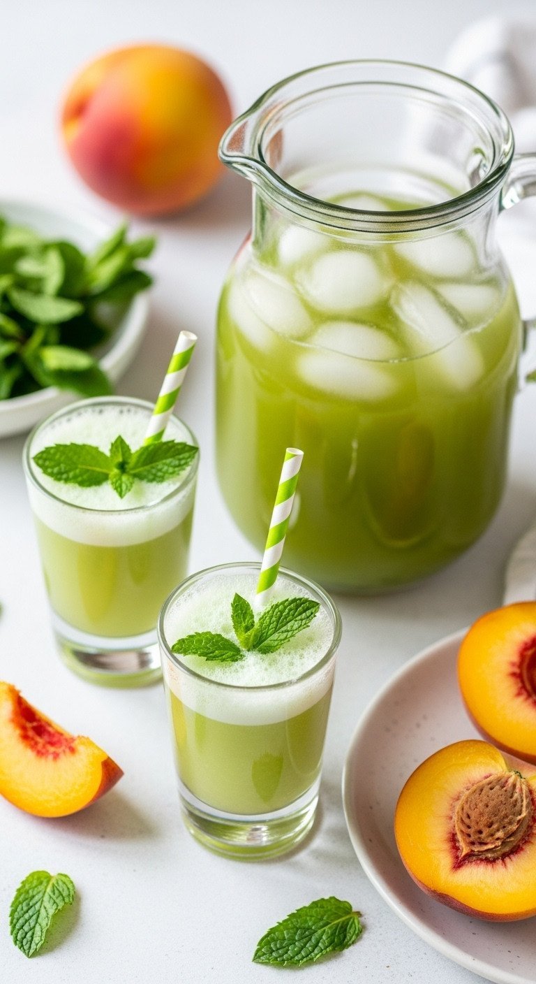 Two non-alcoholic green tea mocktail shots with frothy tops, peaches & mint, next to an iced green tea pitcher.