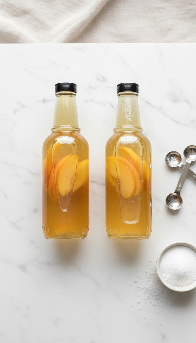 Easy Homemade Peach Coffee Syrup for Perfect Lattes 13 Two peach syrup bottles, one sugar-free, showcasing healthy options on a white marble countertop. Clean, natural.