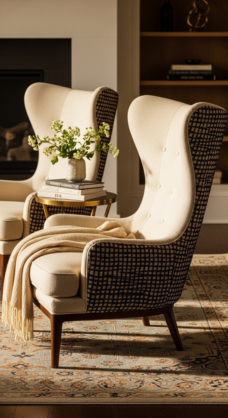 Two refined accent chairs with sculptural design and leather texture, paired on a rug in a chic living room with a brass side table.