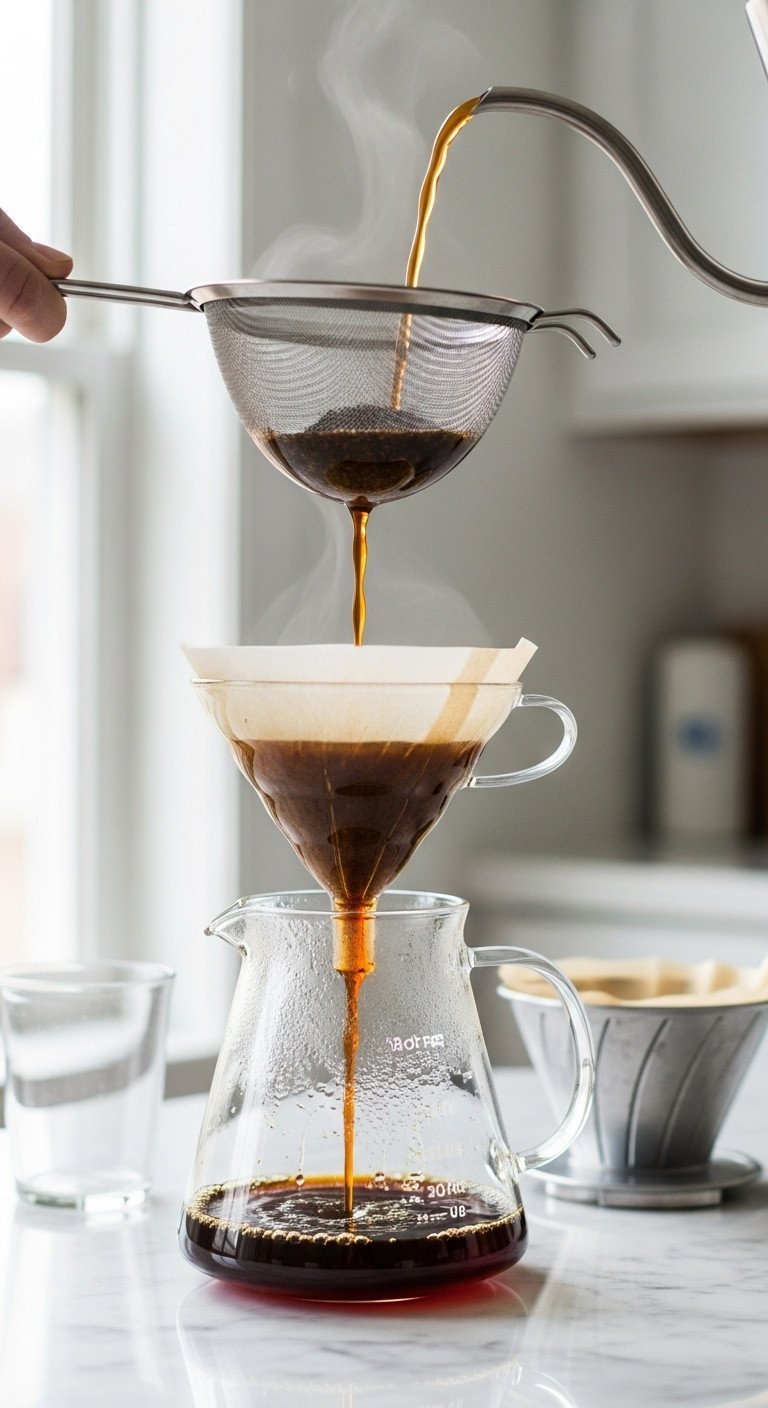 Cold Brew Coffee Master Guide To Smooth Low Acid Ratio Secrets 9 Two-stage cold brew filtration setup: mesh strainer, paper filter, and glass carafe on marble, showing clear concentrate forming.