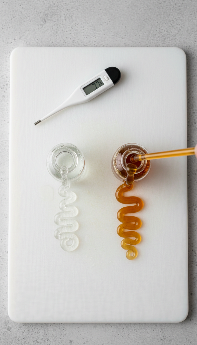 Homemade French Toast Coffee Syrup: Master Cafe Drinks Easily 11 Two vials contrasting: one thin liquid, one thick golden-brown syrup pouring slowly, showing perfect viscosity on a white cutting board.