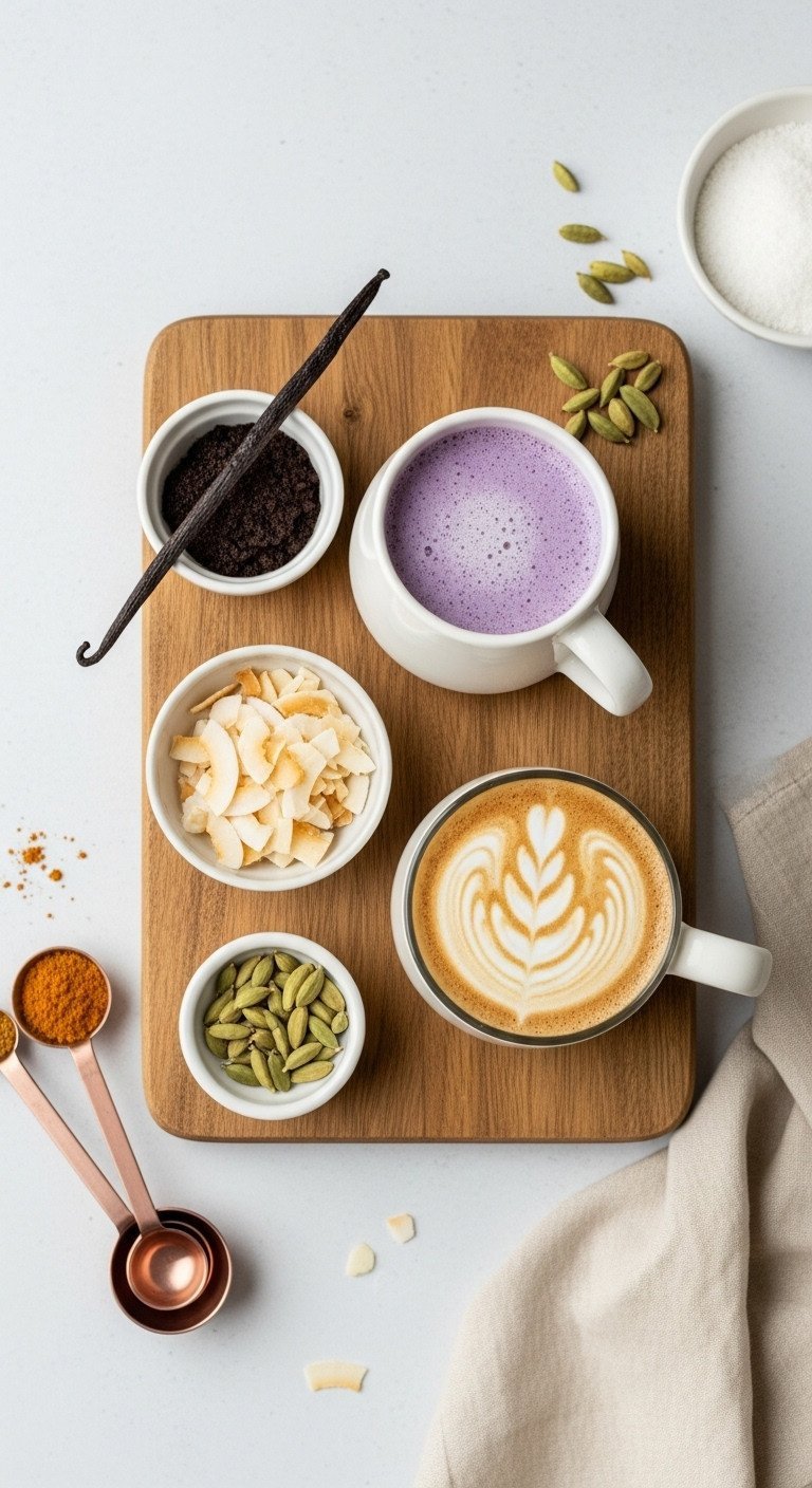 Iced Ube Latte Master Recipe For Vibrant Color And Creaminess 17 Ube Latte flavor additions: vanilla bean paste, toasted coconut flakes, cardamom pods on wooden board.