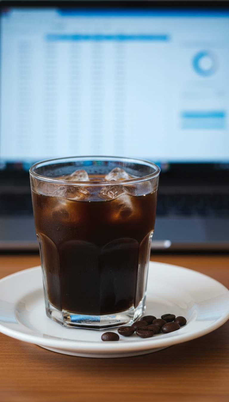Dunkin Iced Coffee Espresso: Master Your Custom Order 17 Ultra-concentrated iced coffee with four espresso shots in a clear cup on a plate, beans, and blurred laptop screen.