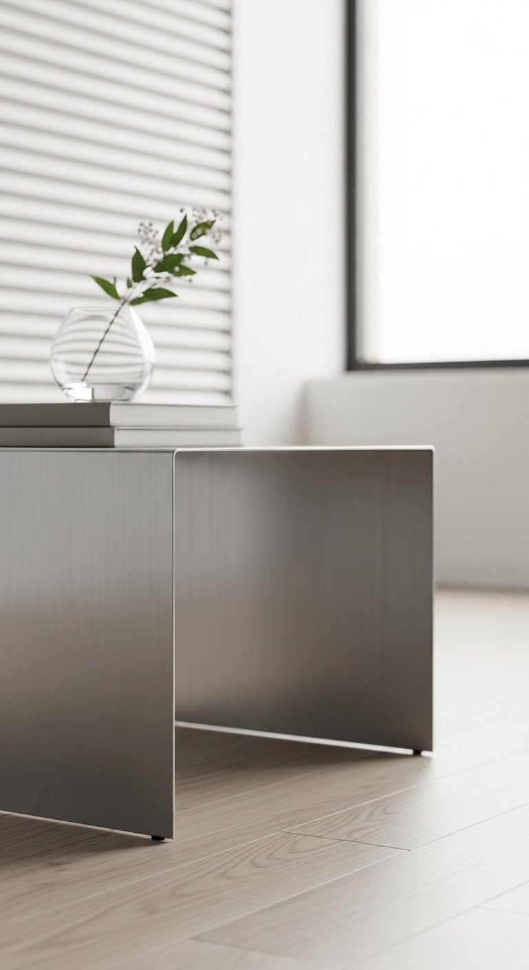 Genius Sculptural Coffee Table Designs For A Stunning Home 5 Ultra-minimalist brushed stainless steel coffee table with sharp edges, floating design, on light wood floor in a clean modern interior.