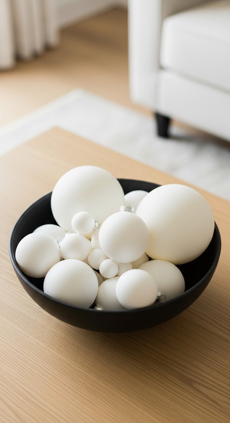 Uncluttered minimalist Christmas decor: white spherical ornaments cascading from a black ceramic bowl on a light oak coffee table.