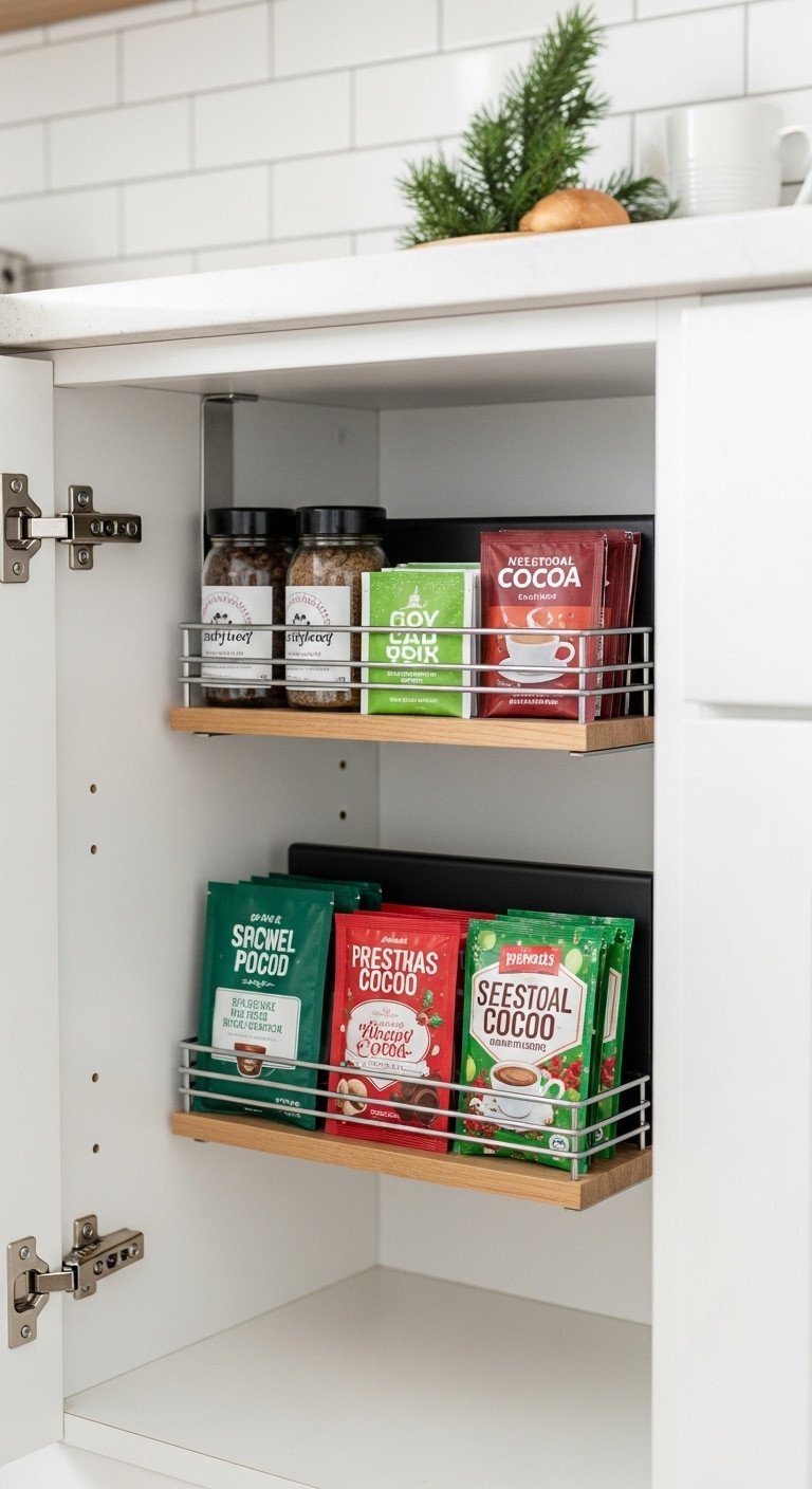 Under-cabinet magnetic spice rack storing Christmas coffee pods, tea bags, cocoa packets, maximizing kitchen space, well-lit.