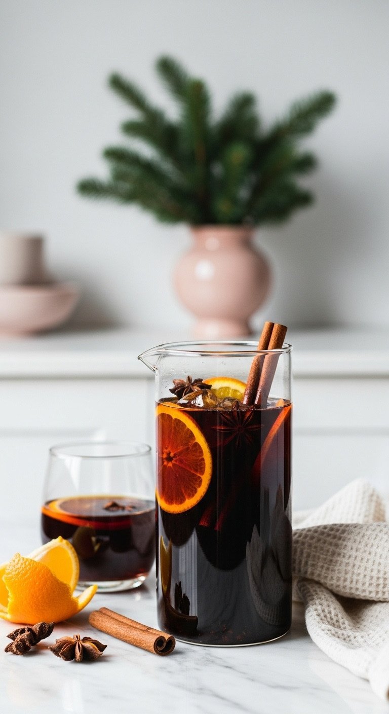 Unique Santa's special cold brew coffee infused with orange slices, cinnamon sticks, and star anise in a glass carafe.