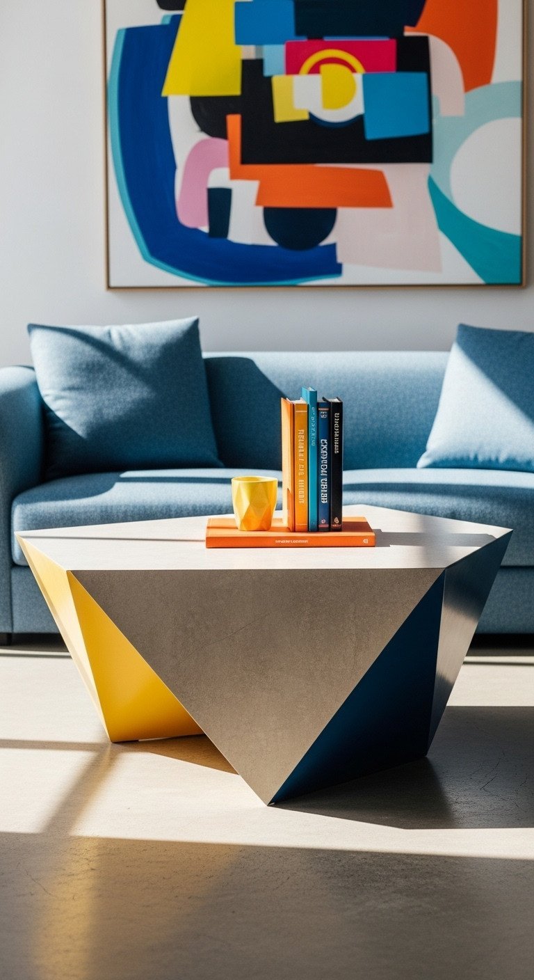 11 Genius Geometric Coffee Table Designs You Need 15 Unique irregular geometric coffee table with asymmetrical angles on a concrete floor in a vibrant contemporary living room.