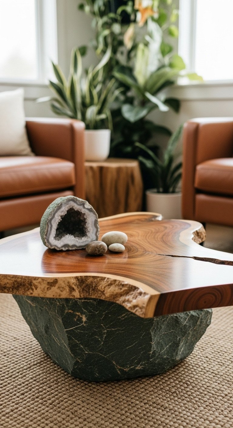 Unique Stone Coffee Table Designs To Transform Any Living Space 17 Unique irregular stone coffee table, living edge, polished finish, natural rock form, modern living room with earthy tones.