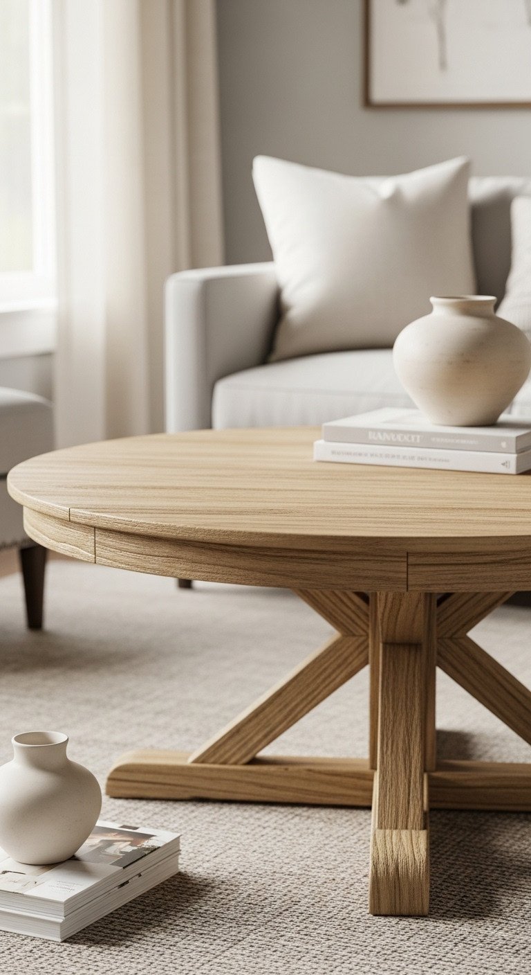 Unique round farmhouse coffee table with circular wood grain, pedestal base. Elegant living room, warm creams, soft grays.