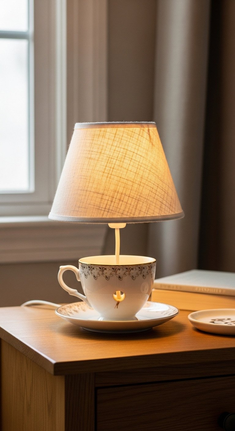 11 Tea Cup Upcycle Ideas Master China Drilling and Permanent Bonds 19 Unique vintage teacup table lamp with a linen lampshade and warm glow, perfect accent light for a desk or bedside.