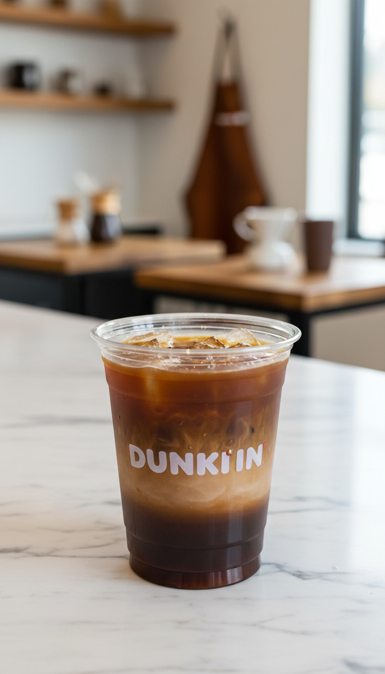 Your Essential Dunkin Hazelnut Iced Coffee Order Guide 1 Unsweetened hazelnut iced coffee in clear Dunkin' cup, dark coffee & hazelnut layers on marble counter, bright coffee shop background.