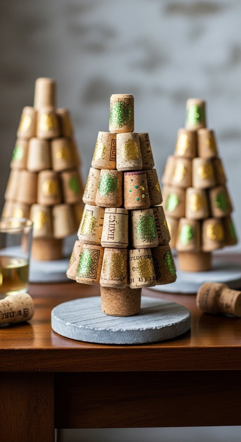 Upcycled Christmas decor: miniature wine cork trees with green and gold paint dots, glitter, resting on a stone coaster on a dark table.