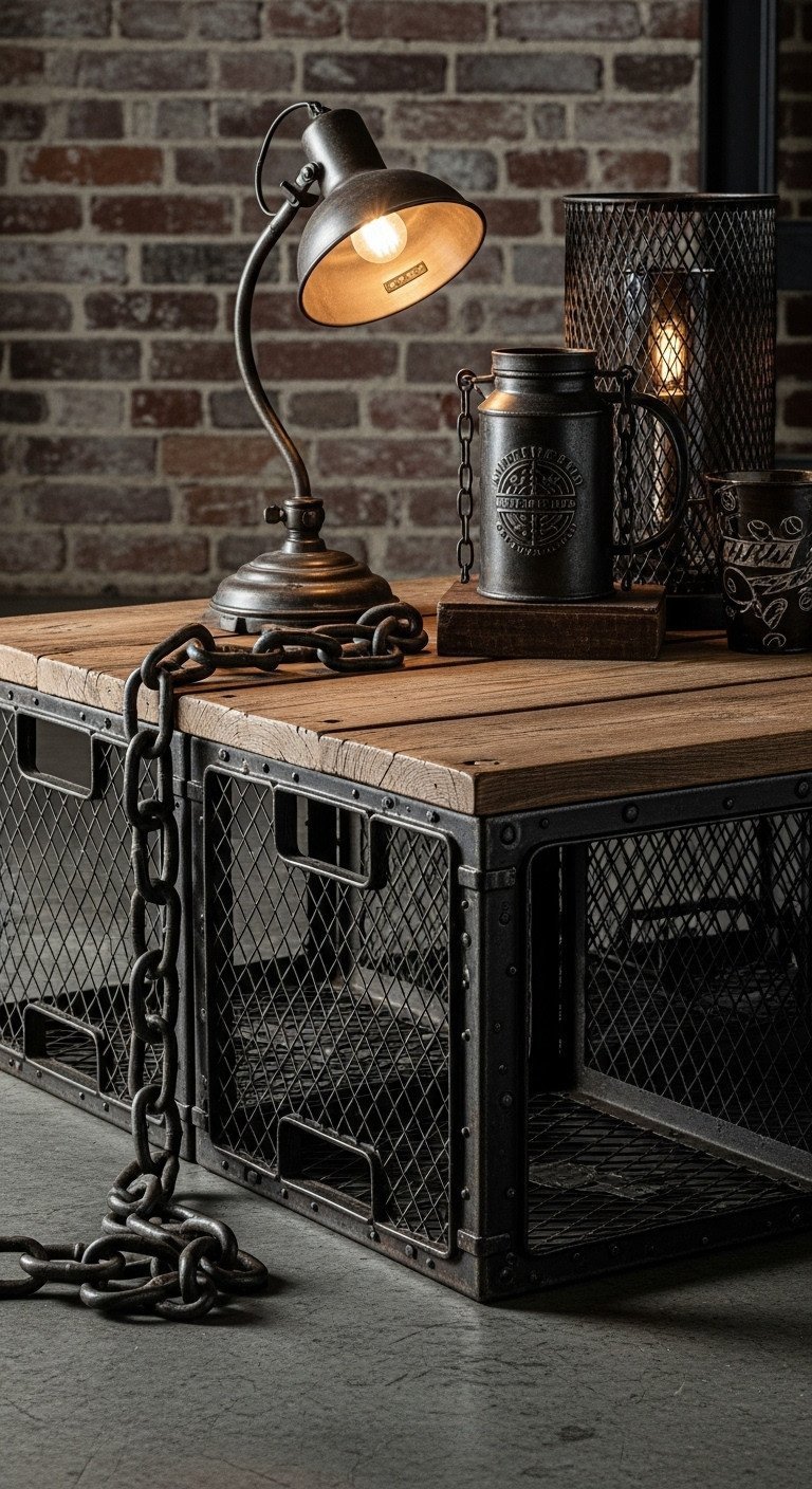 Genius DIY Crate Coffee Table Ideas For Smart Storage 17 Upcycled industrial coffee table, dark metal milk crates bolted with a reclaimed wood plank top, rugged aesthetic.