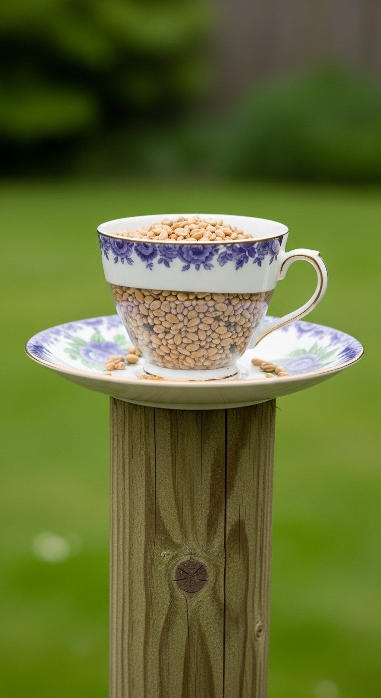 11 Tea Cup Upcycle Ideas Master China Drilling and Permanent Bonds 9 Upcycled vintage teacup bird feeder filled with seeds, securely mounted on a rustic wooden post in a lush garden setting.
