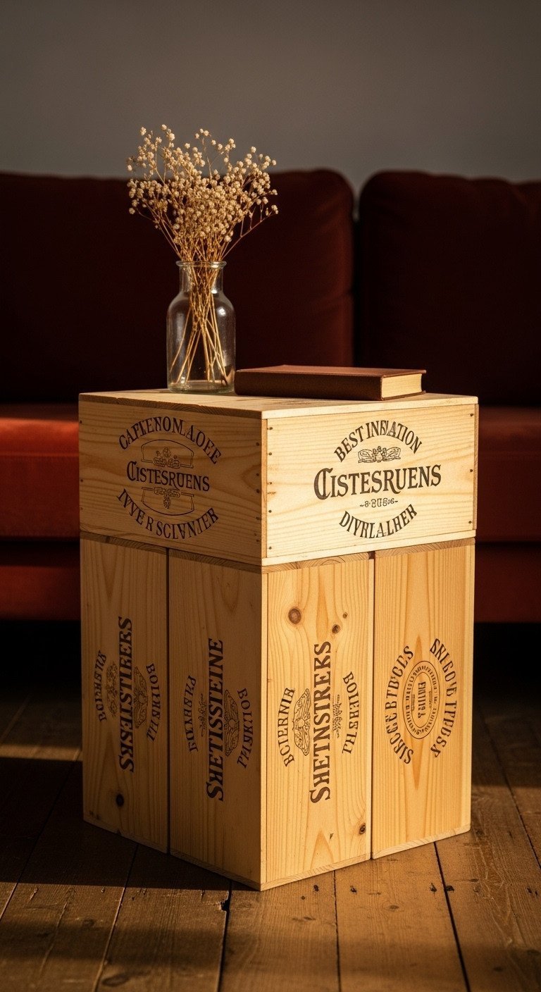 Genius DIY Crate Coffee Table Ideas For Smart Storage 7 Upcycled wine crate coffee table, 2x2 vertical configuration, showcasing wine branding stamps and wood slats.
