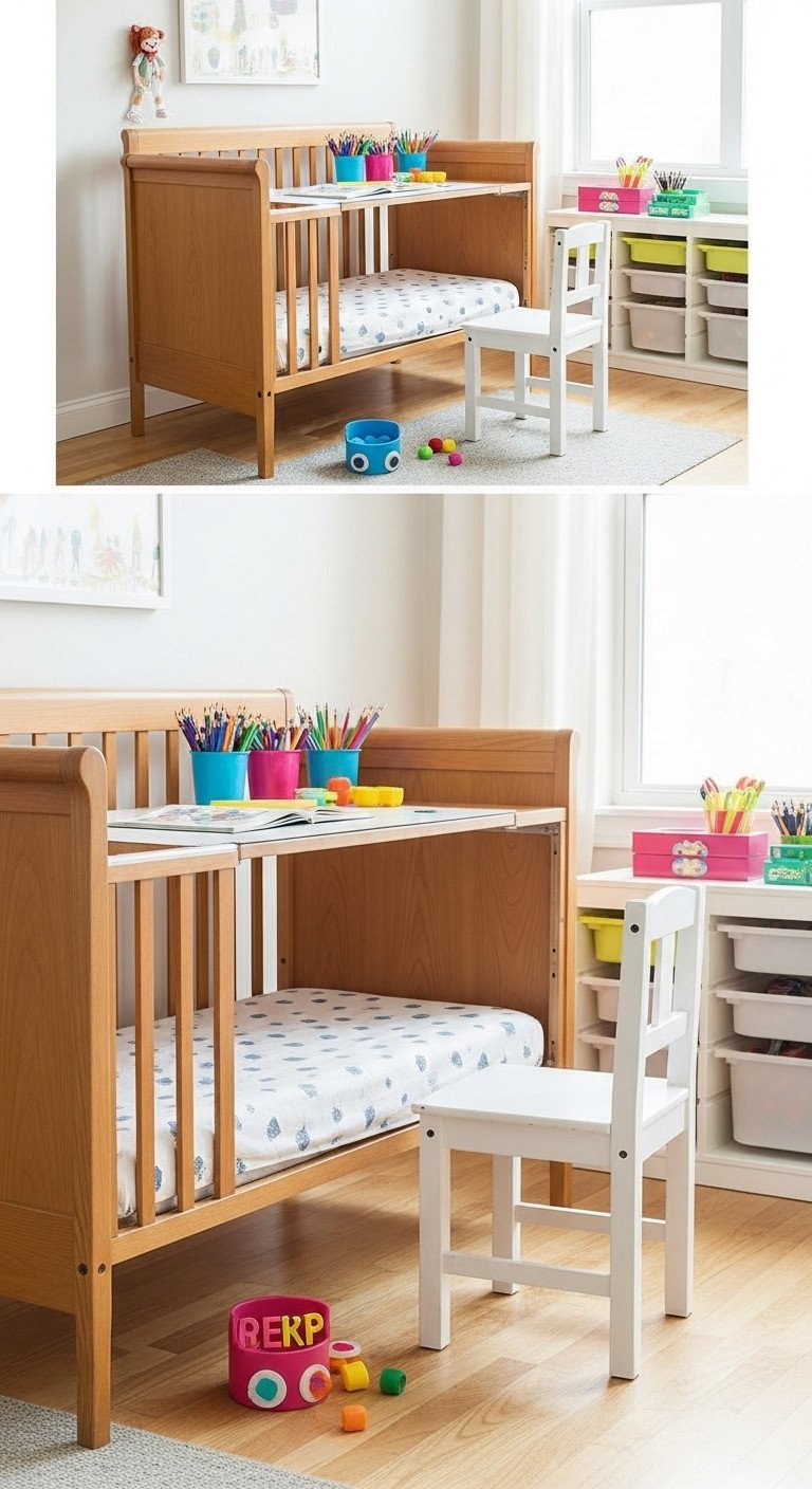 Upcycled wooden baby crib transformed into a vibrant kids' craft desk with art supplies, storage bins, and a child's chair.