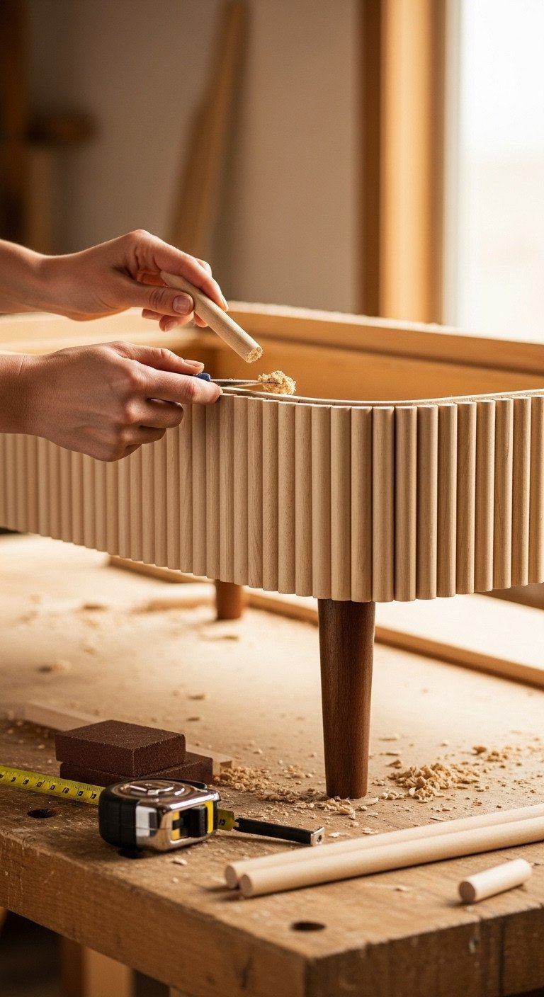 Simple DIY Fluted Coffee Table To Elevate Your Space 5 Upcycling 80s coffee table: applying half dowels for a modern fluted look. Close-up in workshop with sanding tools.