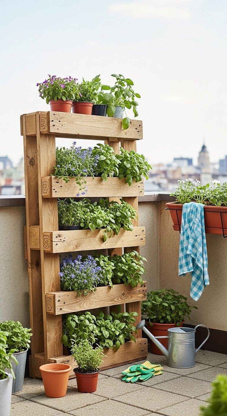 Urban balcony features vibrant DIY vertical pallet herb garden, colorful plants, terracotta pots, reclaimed wood texture.