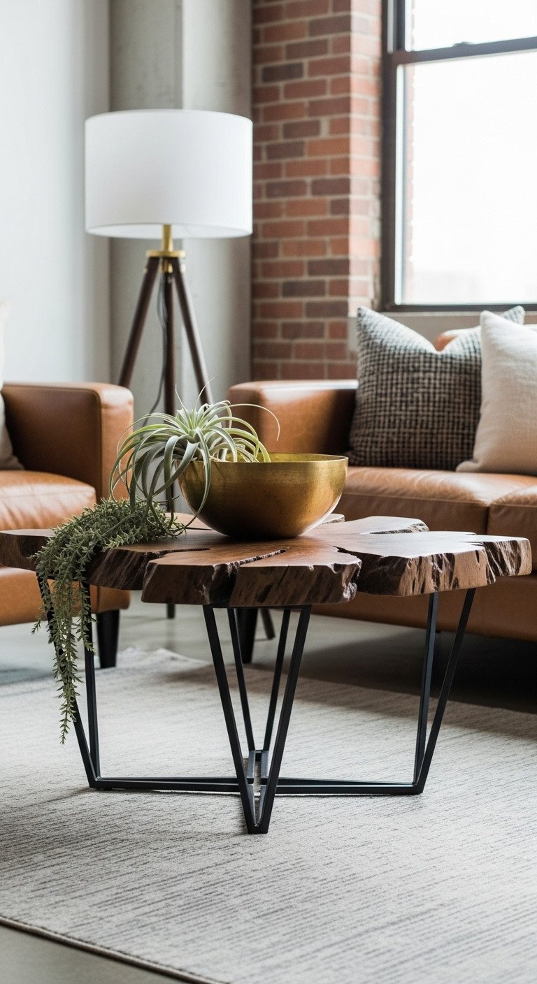 Discover 11 Genius Boho Coffee Table Ideas for Eclectic Homes 13 Urban boho coffee table: dark metal base, natural wood slab top, brass bowl, air plant on concrete floor, brick wall background.