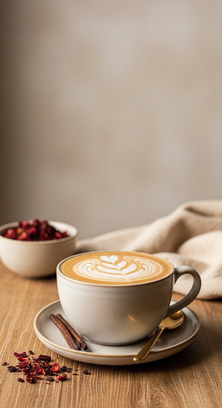 Tea Latte Recipes Ultimate Guide To Perfect Ratios And Foam 23 Vanilla Rooibos Relaxation Latte, warm reddish-brown, high foam in cup. Rooibos leaves, blanket on rustic wood. Soft, cozy light.
