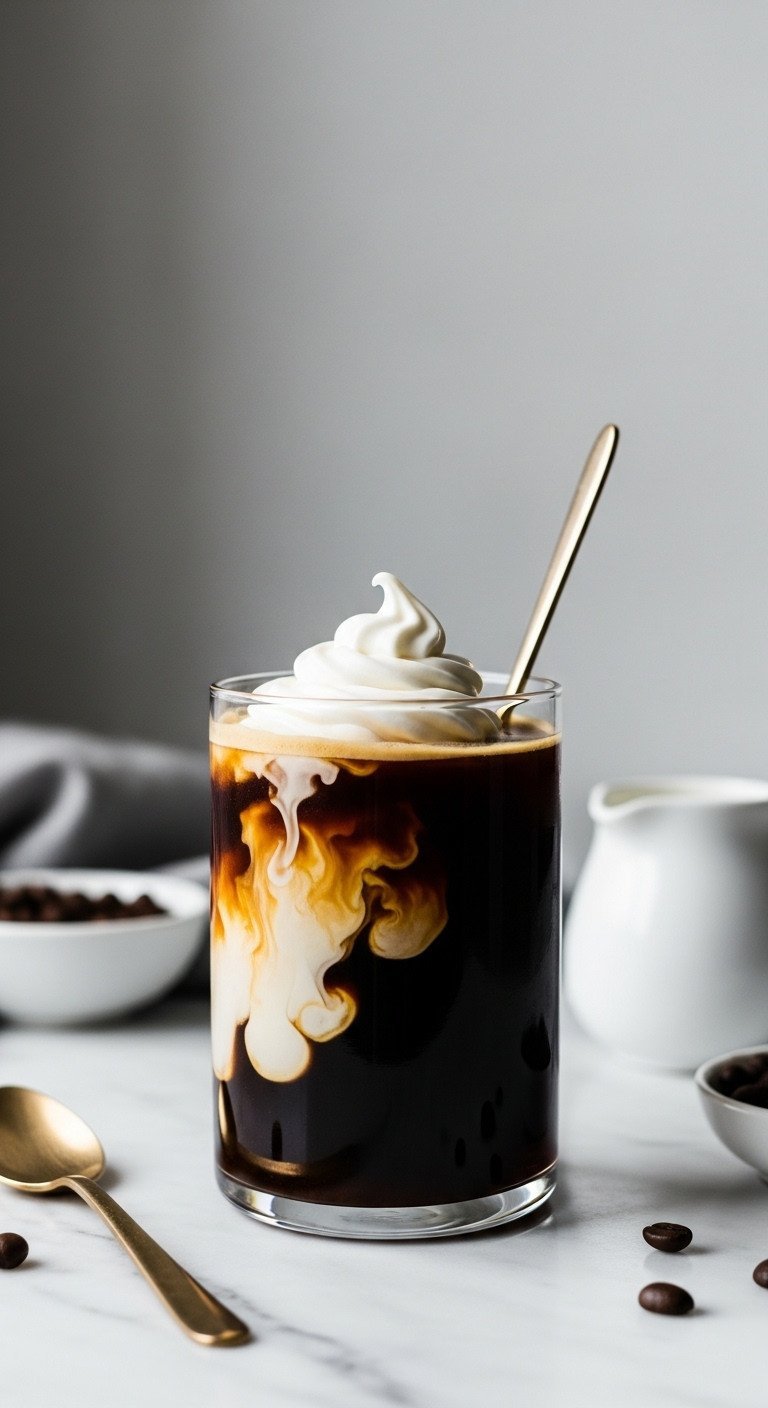 Vanilla Sweet Cream Cold Brew in a glass, showing the beautiful cascade of cream swirling into rich, dark cold brew.
