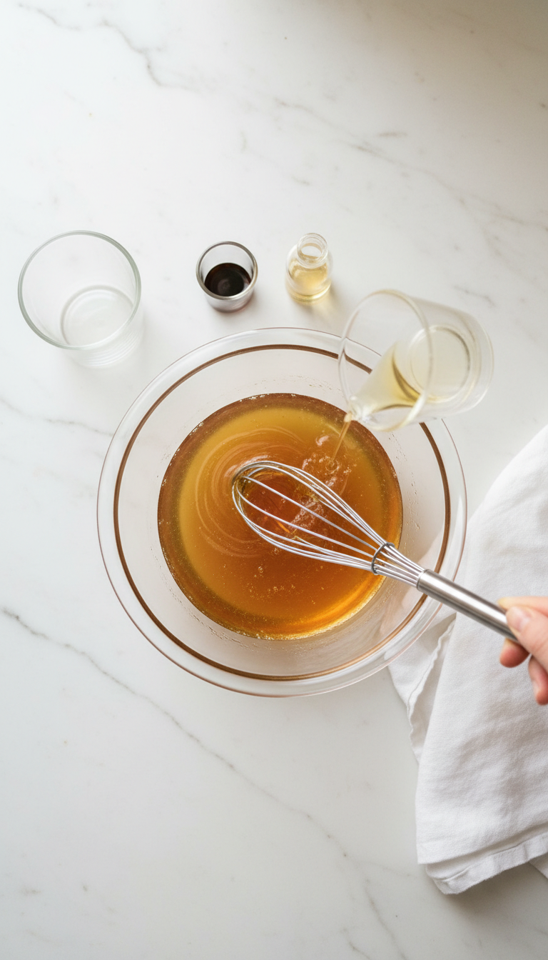 Homemade French Toast Coffee Syrup: Master Cafe Drinks Easily 5 Vanilla and butter extract whisked into cooling golden-brown syrup in a clear glass bowl on a white marble countertop. Homemade flavor blending.