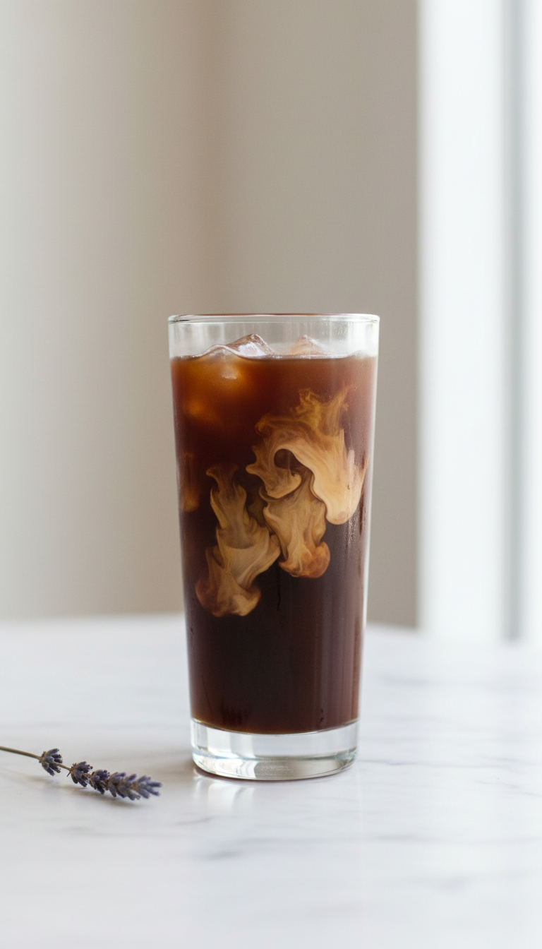 Dunkin Iced Coffee Ideas 7 Must Try Custom Drinks 3 Vanilla cream cold brew with swirling sweet cream in a tall glass, on light marble, with a sprig of lavender.