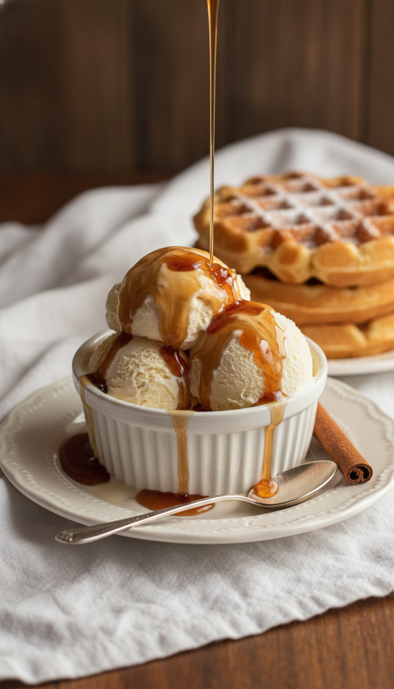 Homemade Toffee Nut Coffee Syrup: Ultimate Starbucks Dupe 13 Vanilla ice cream sundae drizzled with homemade toffee nut syrup on a plate. Versatile dessert topping, warm golden light.