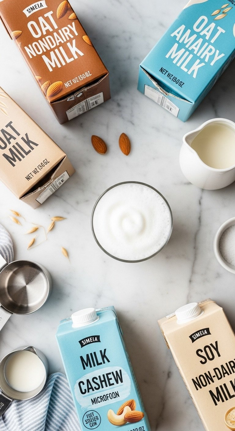 Pistachio Matcha Latte Ultimate Recipe for Perfect Layering and Flavor 15 Various non-dairy milk cartons (Oat, Almond, Cashew, Soy) arranged with frothed milk showing microfoam on a marble countertop.