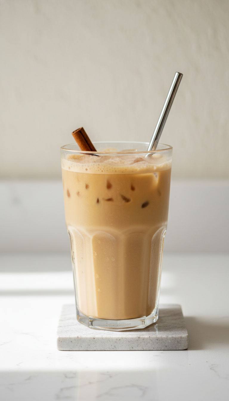 Vegan Dunkin Pumpkin Iced Coffee with oat milk in a reusable tumbler, cinnamon stick, on light stone. Creamy dairy-free fall drink.