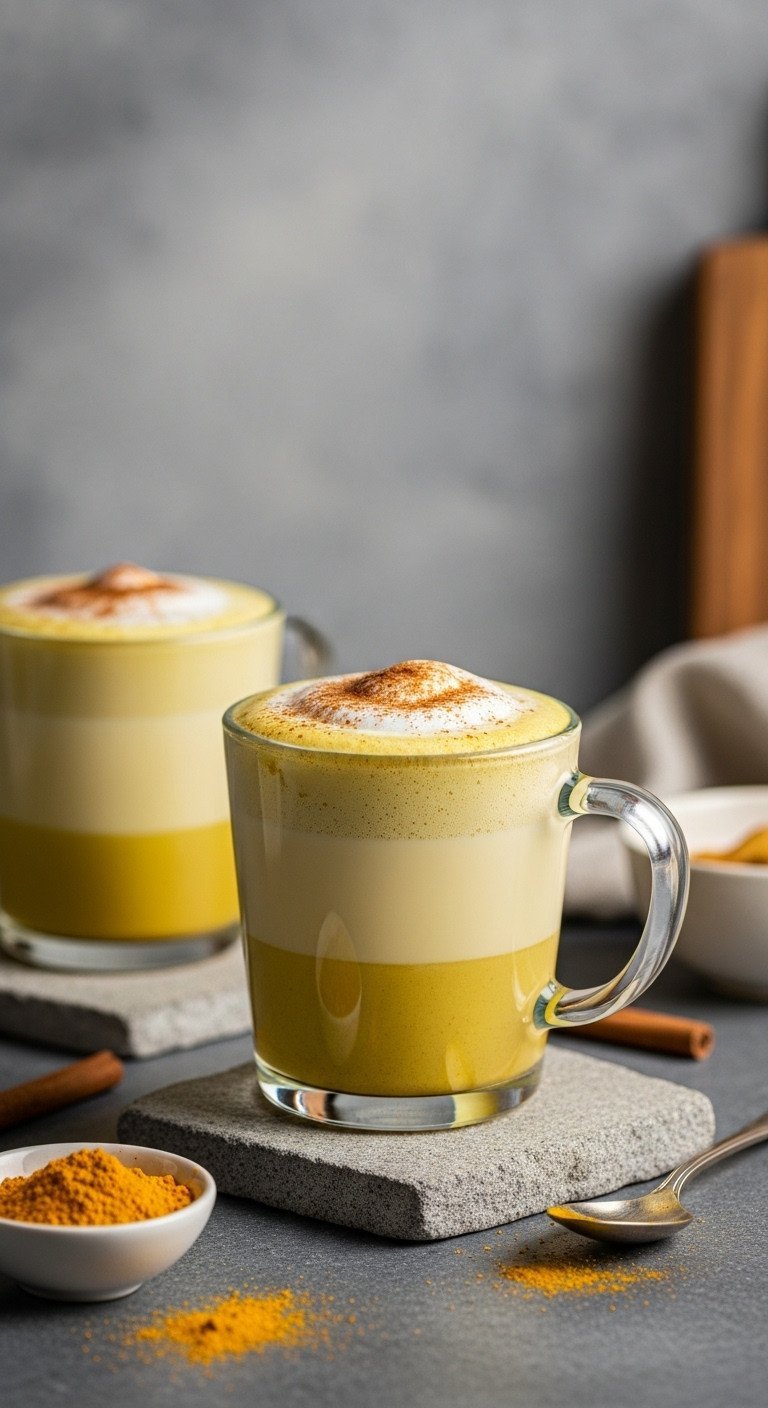 13 Perfect Green Tea Recipes Iced Matcha And No Bitterness 13 Vegan Golden Turmeric Green Tea Latte in glass mug, layered with cinnamon and turmeric powder on foam, healthy warm drink.