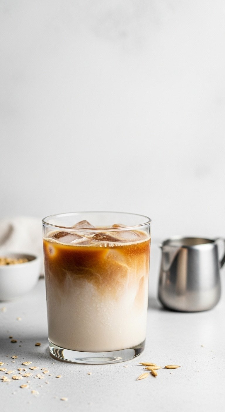 7 Genius Dirty Horchata Coffee Recipes And Perfect Ratios 9 Vegan dirty horchata: iced oat milk coffee with creamy base, pitcher, oat grains on light stone surface.