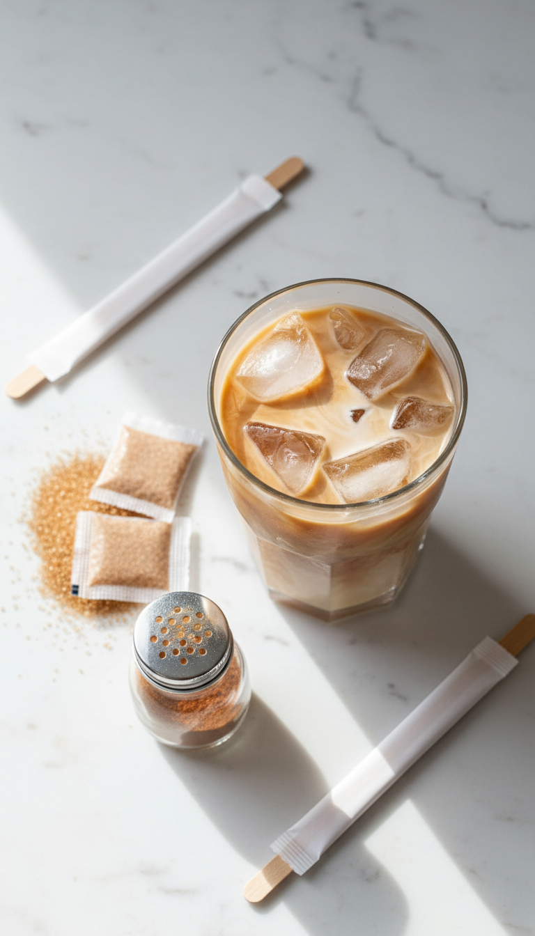 Vegan iced coffee customization with raw sugar packets and cinnamon shaker on a marble countertop. Fresh, clean flat lay.