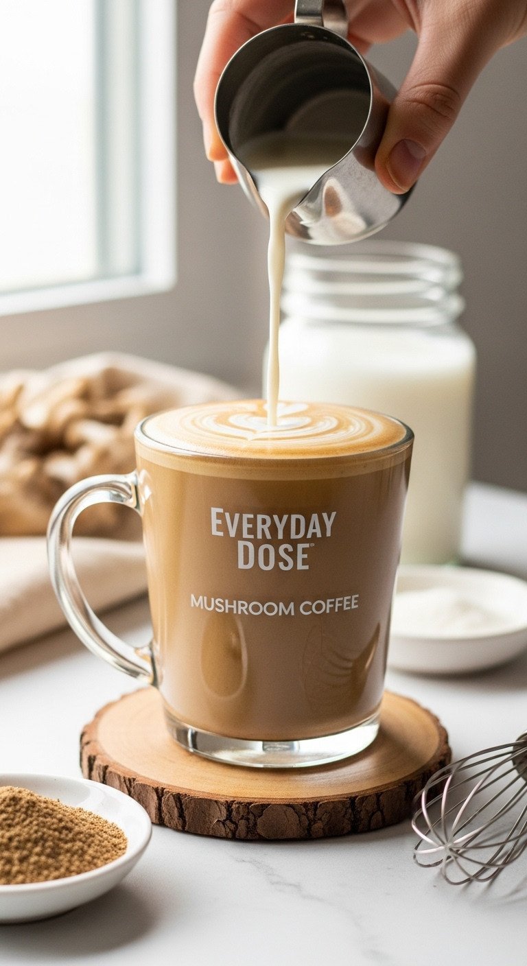 Velvety Everyday Dose Mushroom Coffee with creamy texture, milk being poured, and a whisk on a wooden coaster. Smooth, rich.