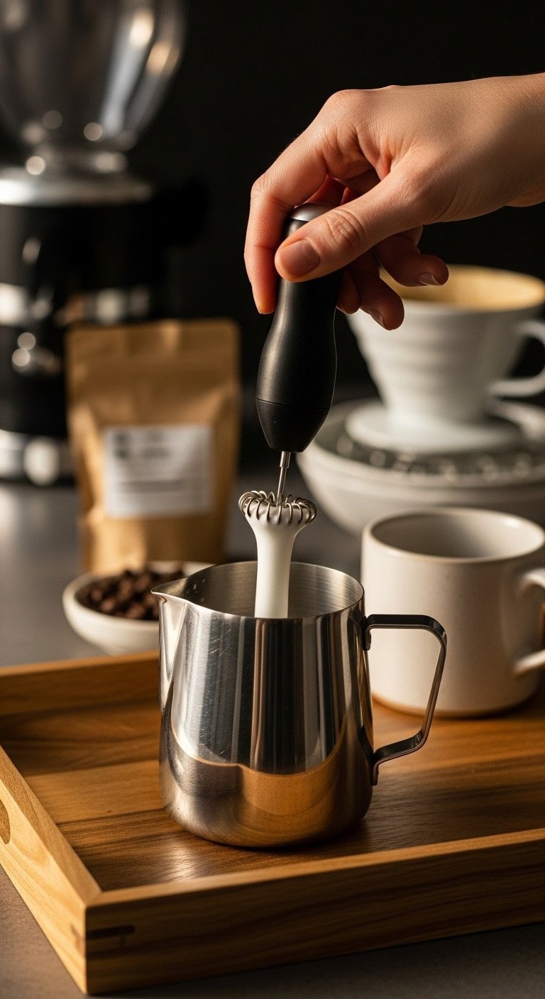 The Perfectly Balanced Dirty Chai Latte A Simple Homemade Recipe 9 Velvety microfoam forming in a stainless steel pitcher with an electric milk frother at a home coffee bar.