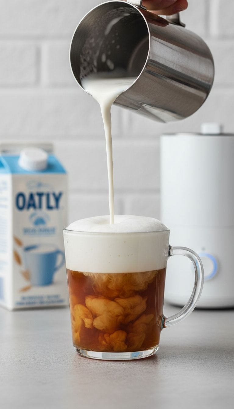 7 Secrets To Master Your London Fog Latte Recipe 3 Velvety microfoam poured from a stainless frothing pitcher into a glass mug of Earl Grey tea, creating a thick foam layer. Milk frothing.