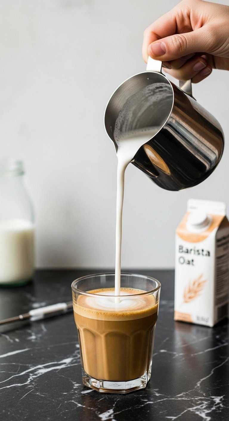 Chai Latte Recipe Master The Perfect Spice And Froth 7 Velvety steamed milk microfoam pouring from barista pitcher into clear glass, showing texture against dark background.