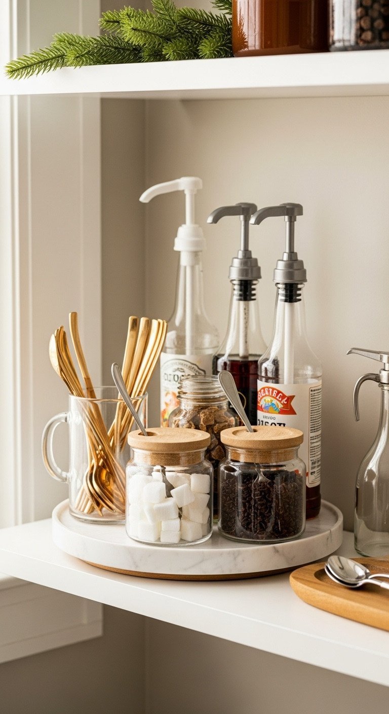 Vertical coffee bar organizer with seasonal syrups, sugar cubes, toppings, elegant utensils, space-saving on an organized shelf.
