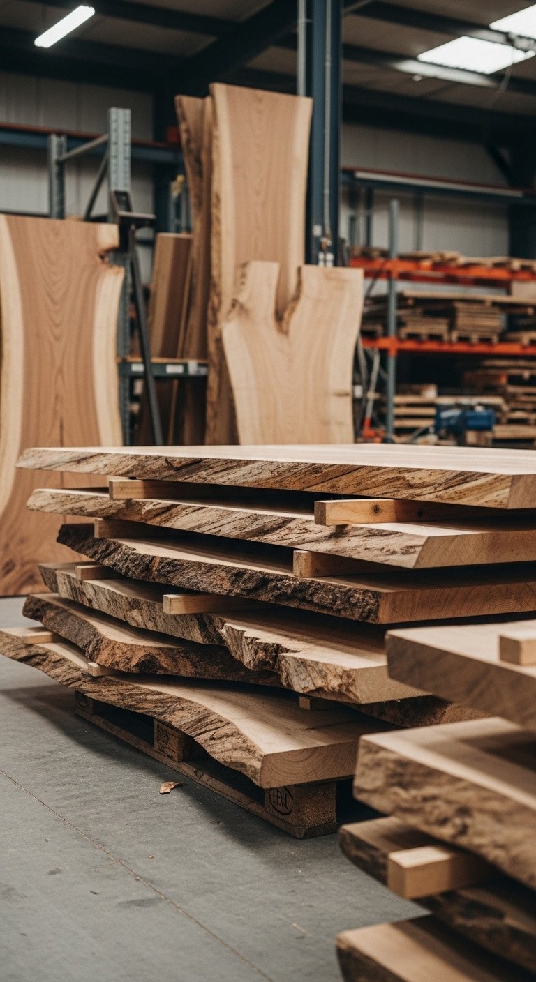 Vertical shot of natural edge raw wood slabs stacked on pallets in a bright timber merchant, detailed grain and textures.