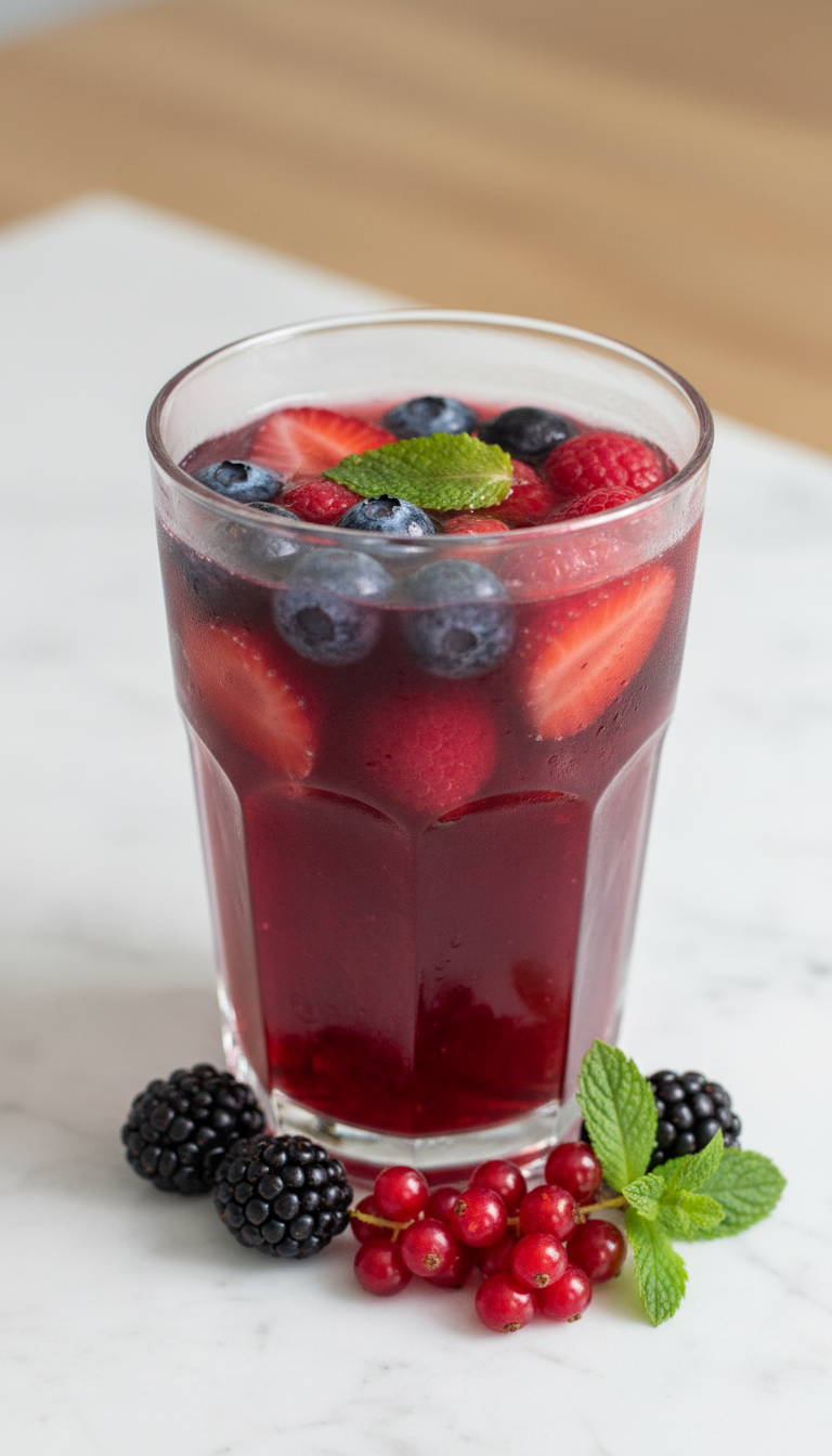 Vibrant Berry Sangria Refresher in clear cup, fresh berries, mint on white marble. Bright, colorful fruit drink.