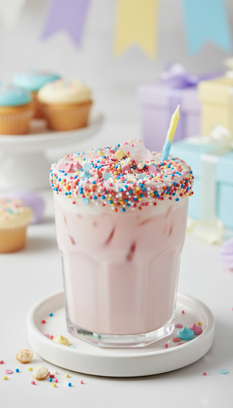 Vibrant Birthday Cake iced coffee, light pink with rainbow nonpareils sprinkles, on a white coaster, bright daylight, festive drink.