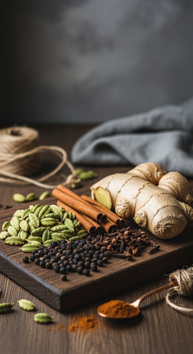 Master Masala Chai Perfect Ratios and Traditional Method 1 Vibrant Chai Masala ingredients flat lay: green cardamom pods, cinnamon sticks, black peppercorns, cloves, fresh ginger on rustic wood.